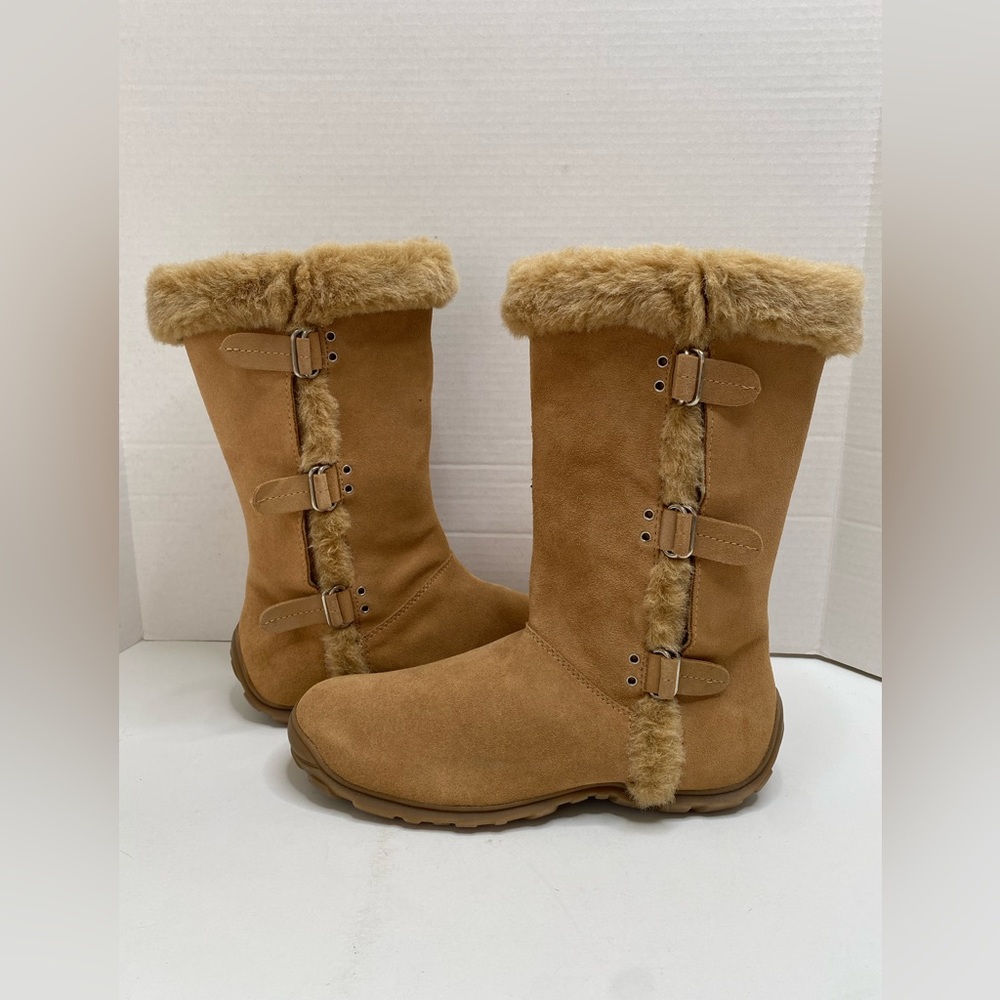 Women's Mia Boots Mid-Calf Beige Suede Leather Faux Fur Buckles  Sz 7.5